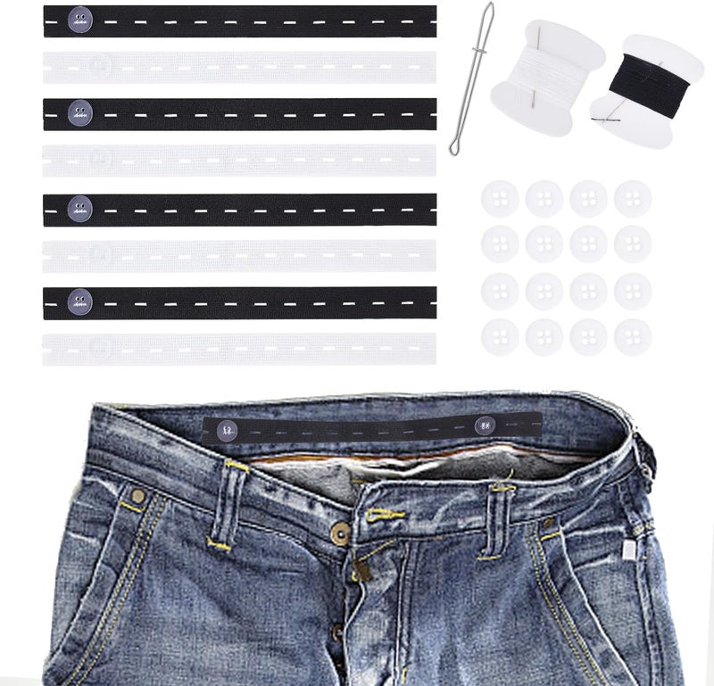 Dfqsofd 8Pcs Pant Waist Tightener, Waist Adjuster for Loose Jeans Elastic Waistband Adjuster Black and White Waistband Tightener with 16 Buttons, 2 Sewing Kit & 1 Thread Hook for Women Men - Image 1